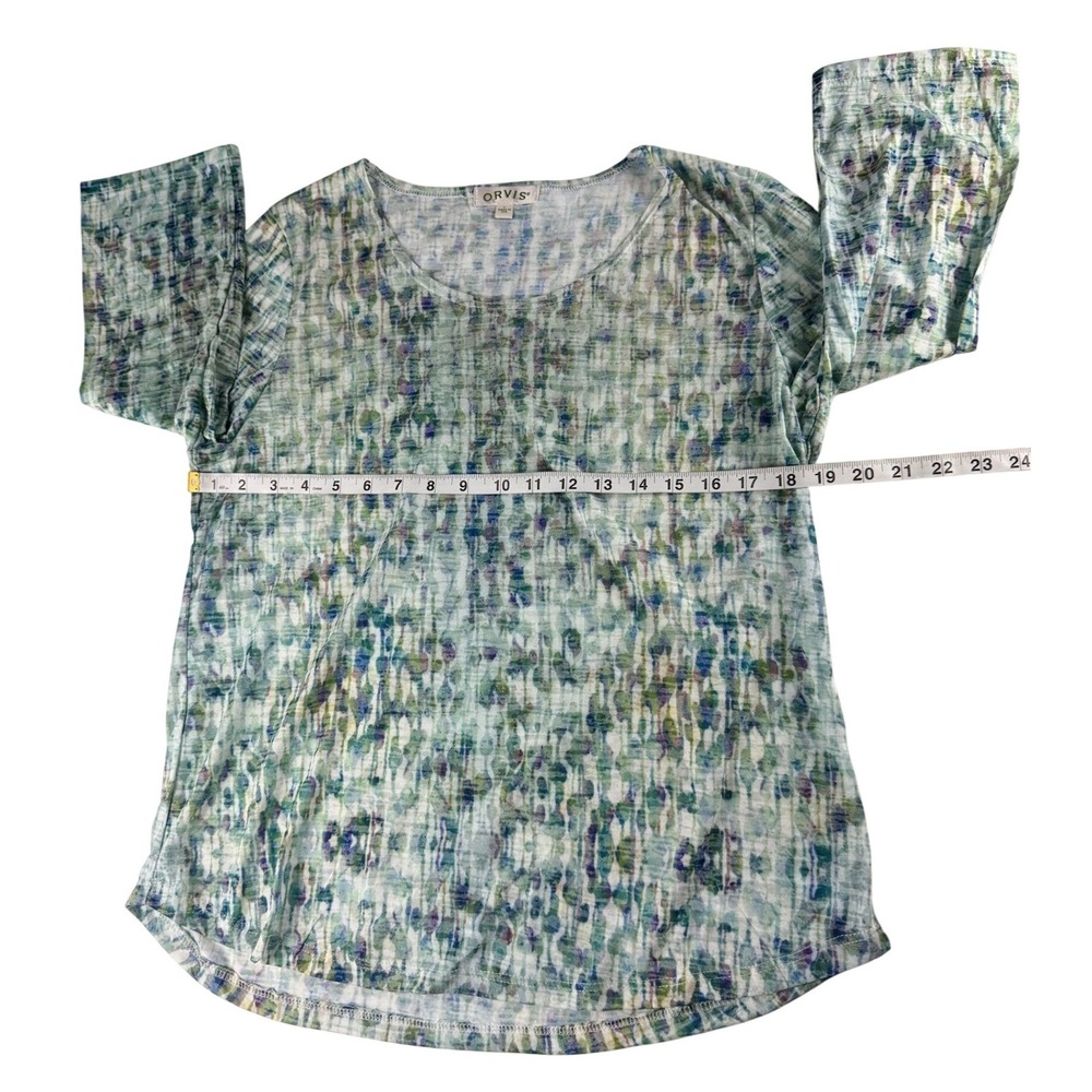 Orvis Womens Large 3/4 Sleeve Scoop Neck Abstract Watercolor Top Green Blue USA - Picture 5 of 7
